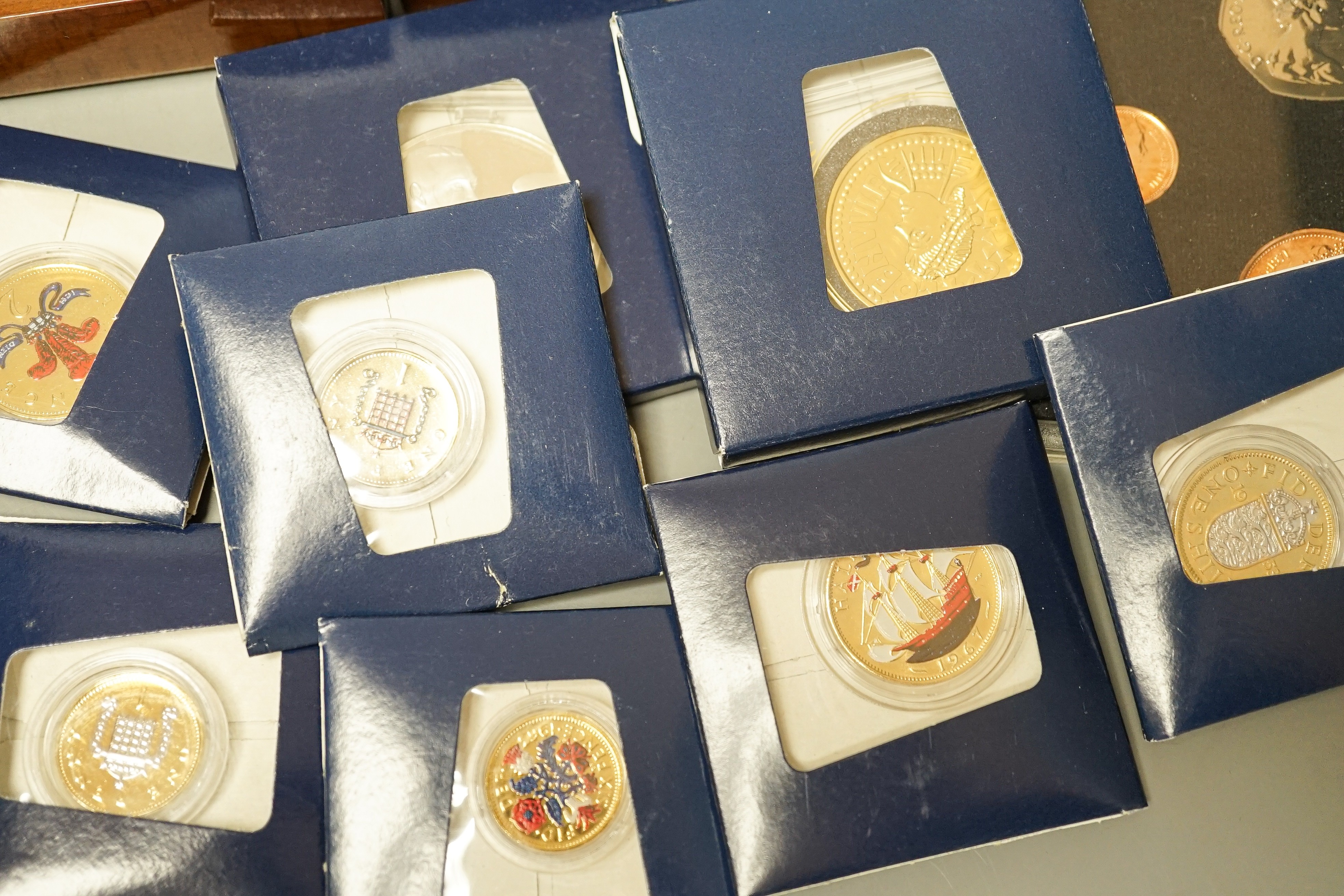 Two Royal Mint year sets 1970 & 1971 various London mint commemorative coins and later gold plated and enamelled coins (qty)